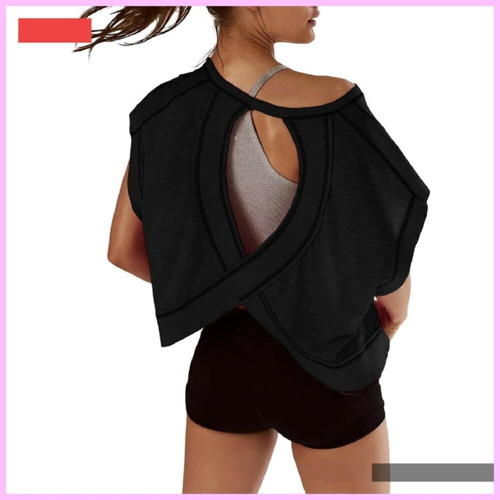 Open Back Crop Top Short Sleeve Athletic Gym Workout Tee Y2K Style